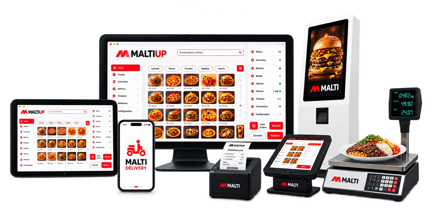 MaltiUP em vários dispositivos: PDV, tablet, celular do delivery, totem de autoatendimento, impressora e balança